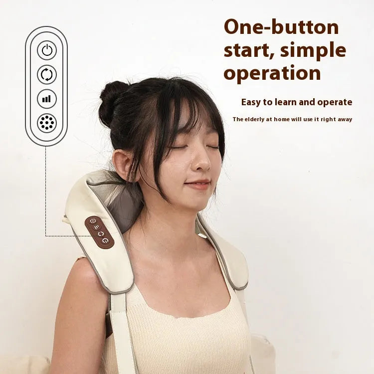 Electric neck massager foldable rechargeable multi-mode heat support blue and beige on white background