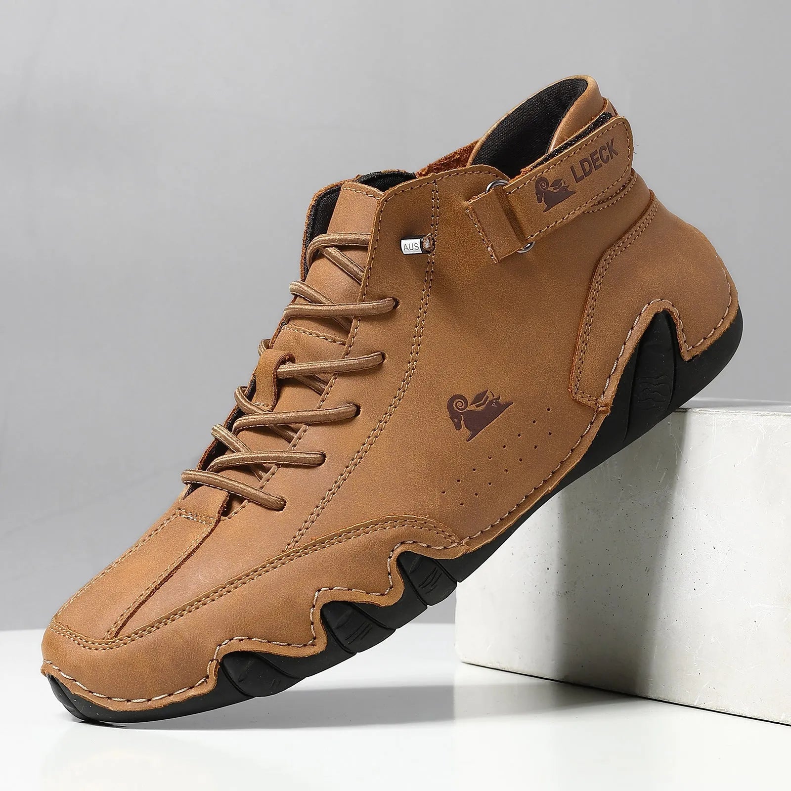 Men's Octopus brand high top shoes in khaki, grey, black, or green with a round toe and flat rubber sole.