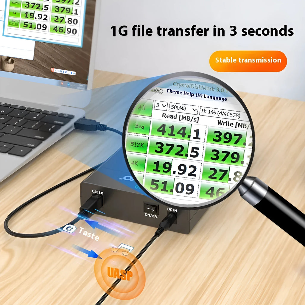 USB 3.0 external hard drive enclosure for 3.5-inch SATA hard drives with power adapter and data cable