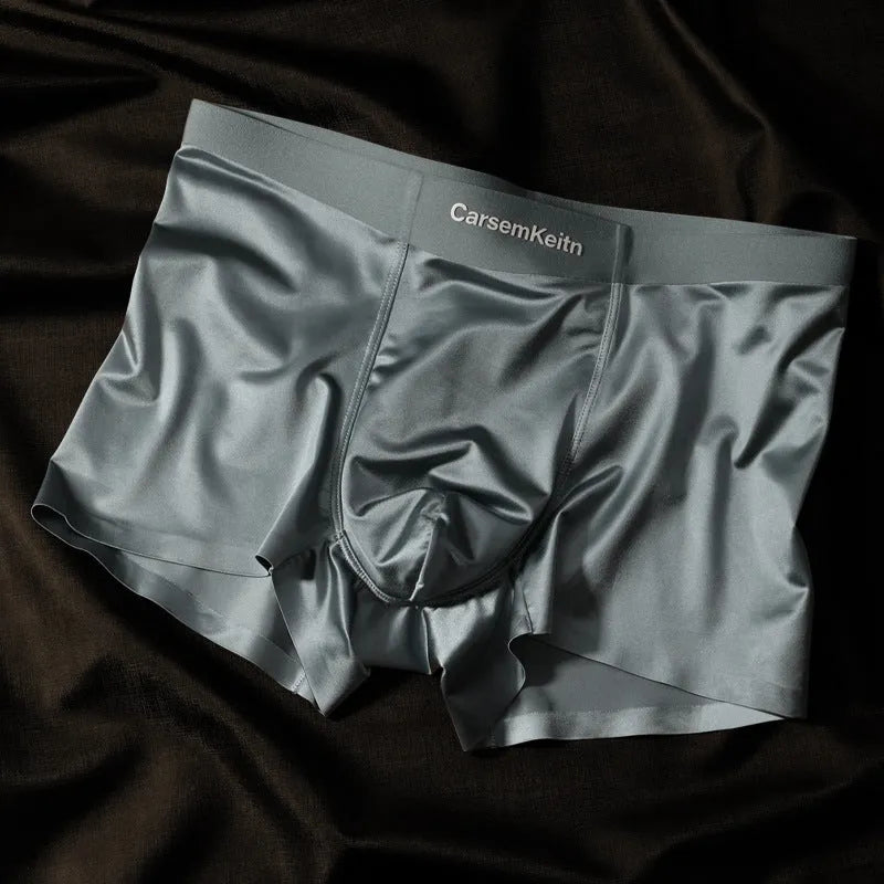 Men's colourblock Ice Silk underwear in blue, shown laid flat to display seamless design.