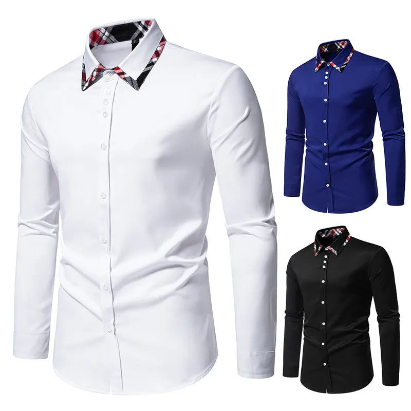 Blue, black, and white men's plaid long sleeve shirt with a triangle collar on a hanger.