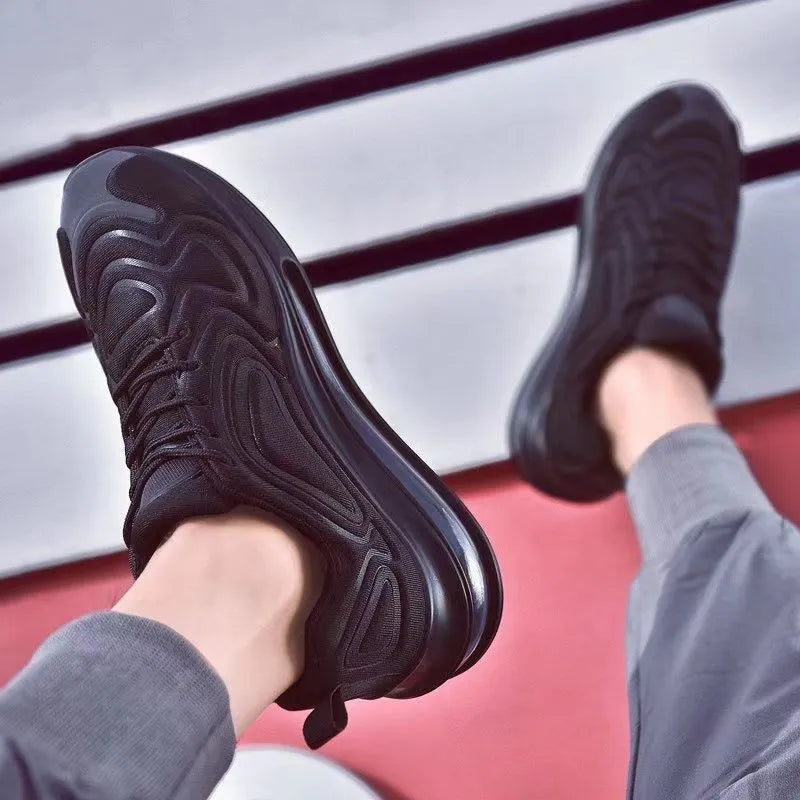 Men's black casual air cushion running shoes with lace-up front and round toe
