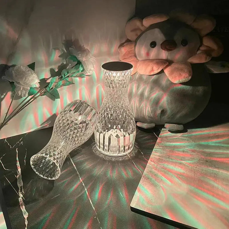 Vase shape crystal table lamp with diamond-like light effect on bedside table, touch dimmable USB rechargeable LED