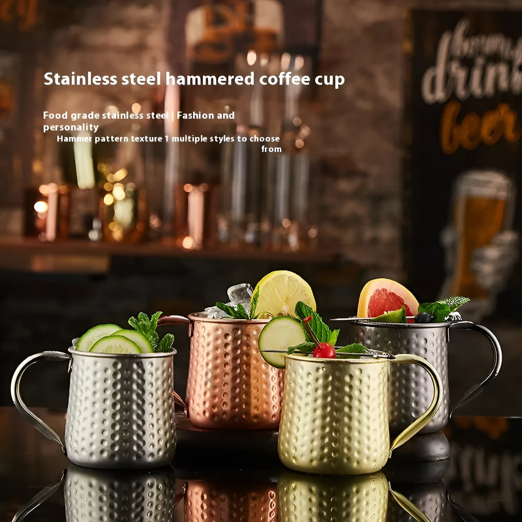 Stainless steel Moscow Mule cup with copper plating in rose gold finish showing hammered texture detail