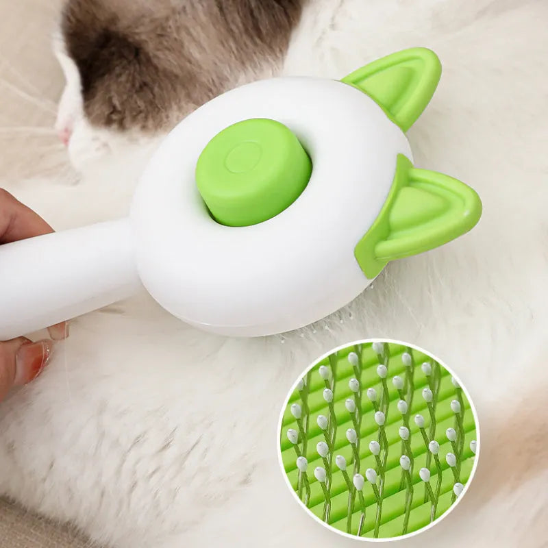 Self-cleaning cat comb grooming tool in greenish white colour with PP, TPR and stainless steel construction