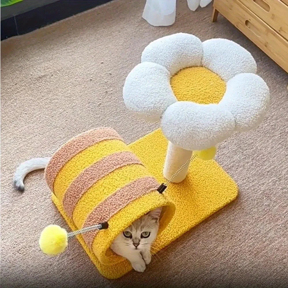 Yellow cat scratching post with sisal fibre surfaces, climbing frame and tunnel, dimensions 46cm x 36cm x 25cm
