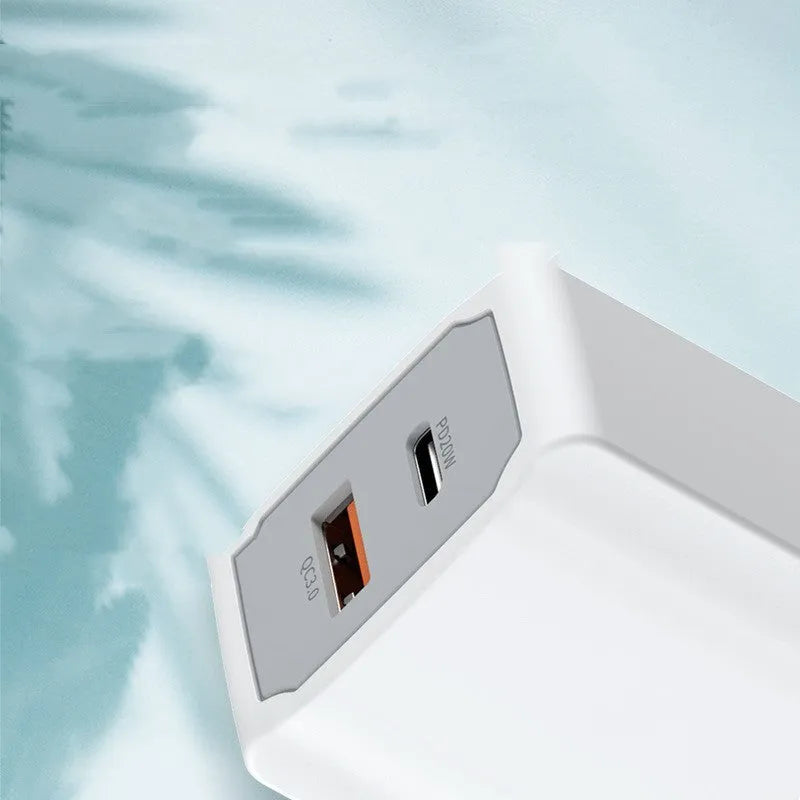 White European fast charge charger set with compact 42mm adapter and USB cable