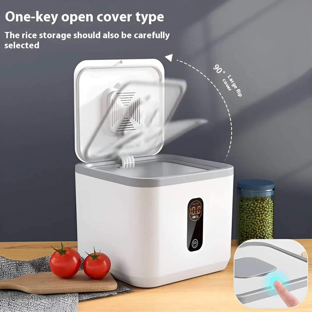 Grey plastic rice storage jar with sealed lid, shown with a free measuring cup, for 10kg 20kg or 30kg capacity.