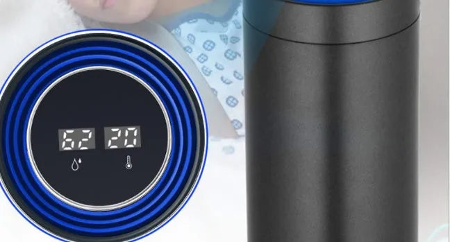 Car air purifier with water cup design and aluminium alloy housing showing air quality display