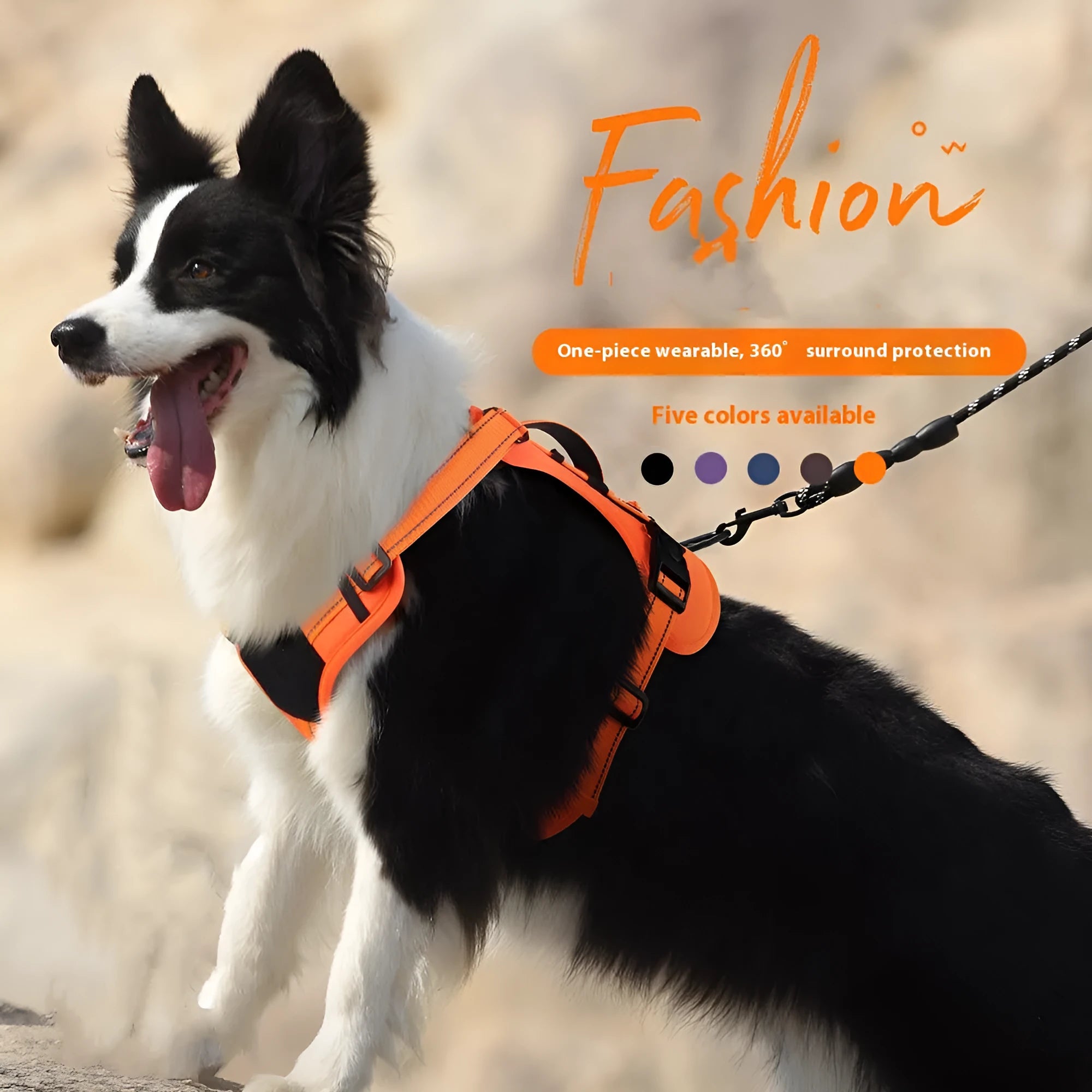 Reflective orange dog harness with a black hand-holding rope lead laid out flat.