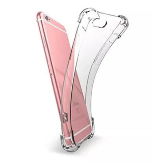 Clear transparent TPU shockproof back cover case for Apple iPhone on a white background.
