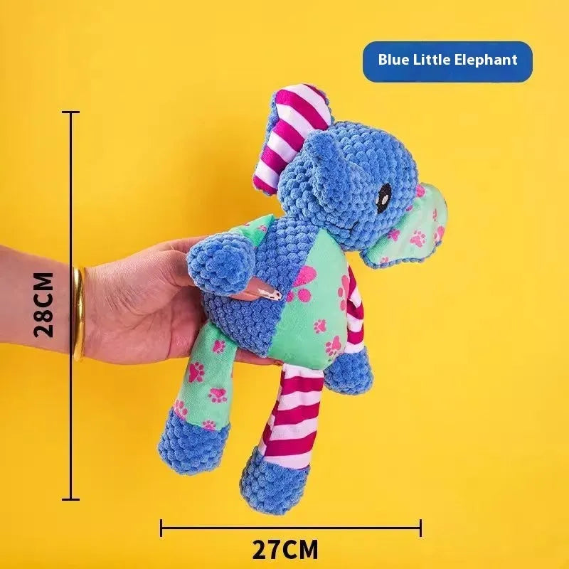 Assorted plush puppy chew toys including a grey donkey, a rechargeable yellow duck, and a blue elephant.