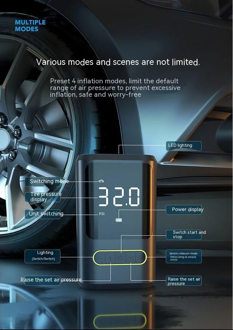 Handheld wireless digital tyre inflator with display showing pressure reading