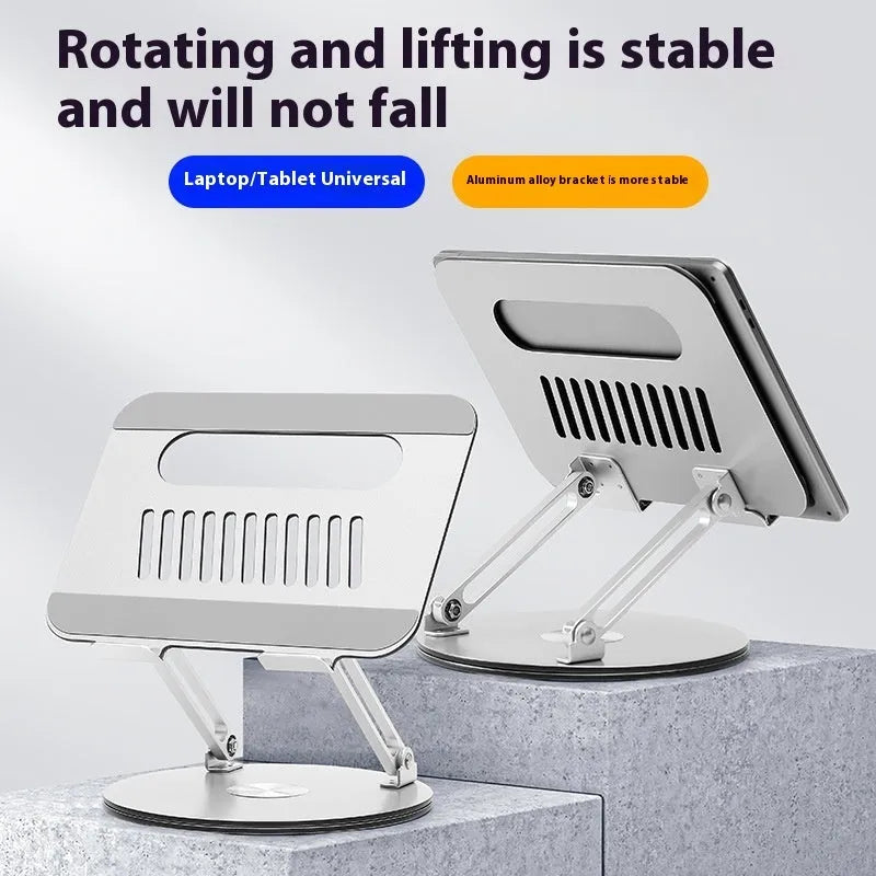 Silver aluminium alloy rotatable laptop stand with foldable design, 285 x 210 x 58 mm, on a desk