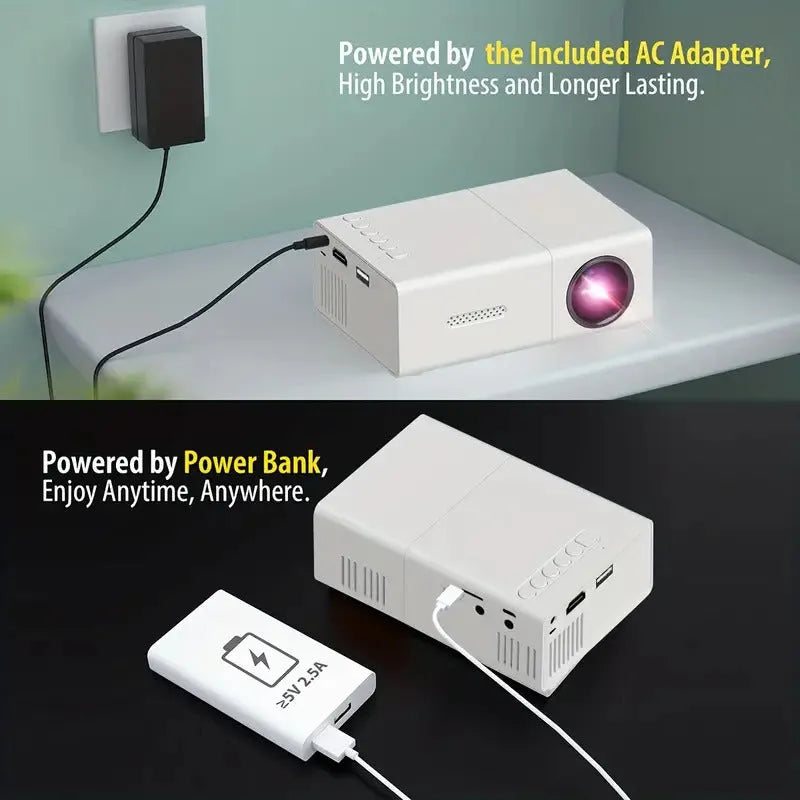 M100 portable mini LED projector in black and white options with remote control and cables