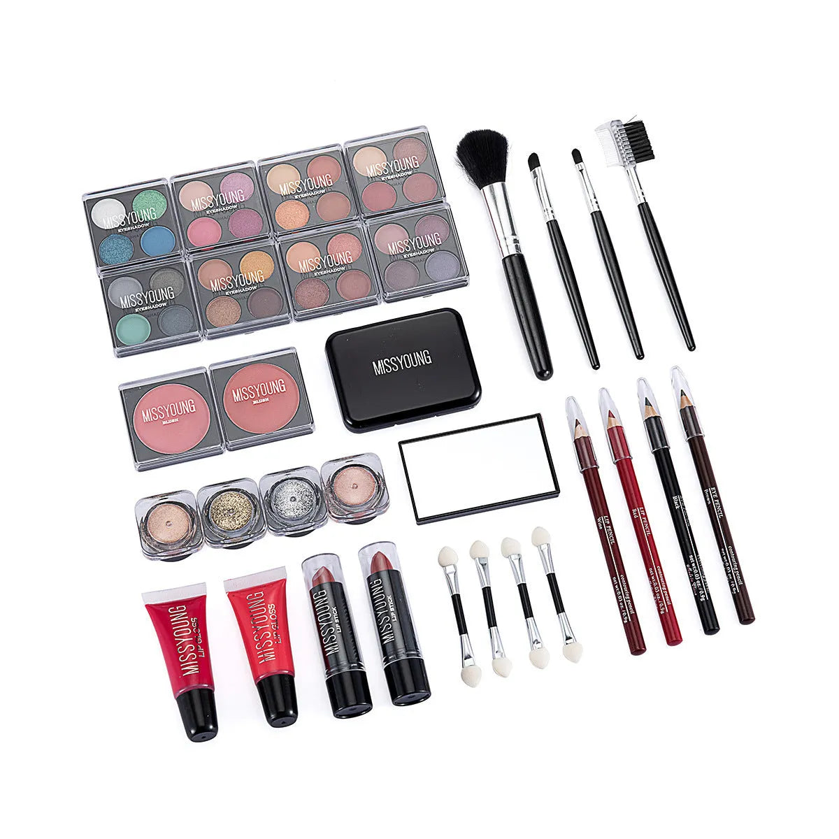 Creative Colorful Eyeshadow Lipstick Cosmetics Set in pink and silver, including lipstick, eyeshadow, and brush in a compact case