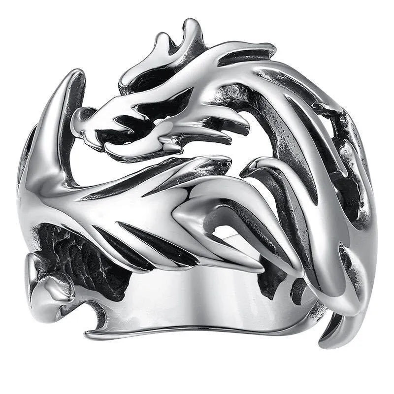Adjustable opening Chinese dragon pattern ring in blue green colour with archaism silver electroplated finish