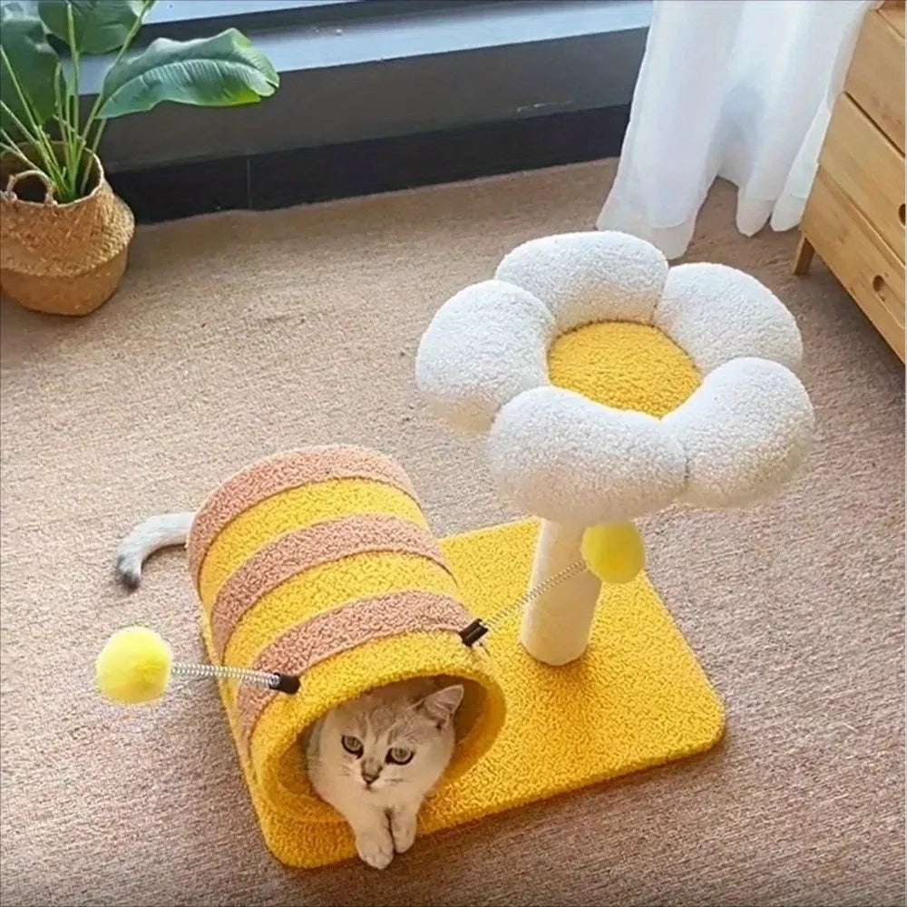 Yellow cat scratching post with sisal fibre surfaces, climbing frame and tunnel, dimensions 46cm x 36cm x 25cm
