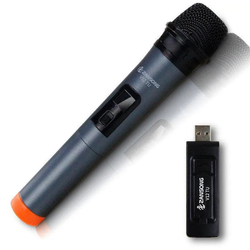 Black ZANSONG V12 dynamic wireless handheld microphone with USB receiver and audio cable.