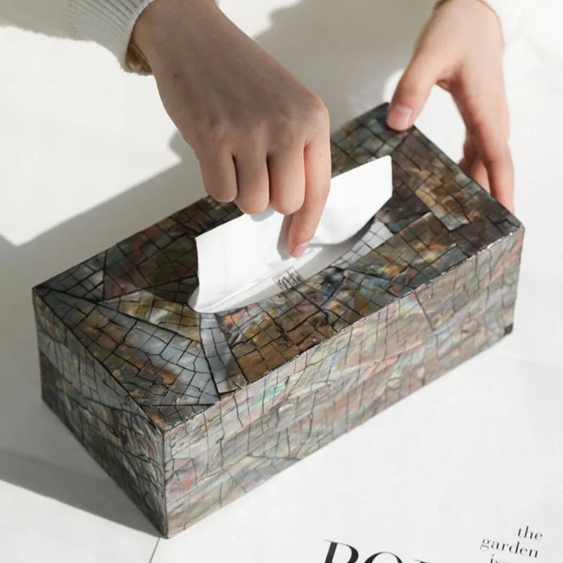 Black natural shell tissue box organiser with removable divider for coffee tables