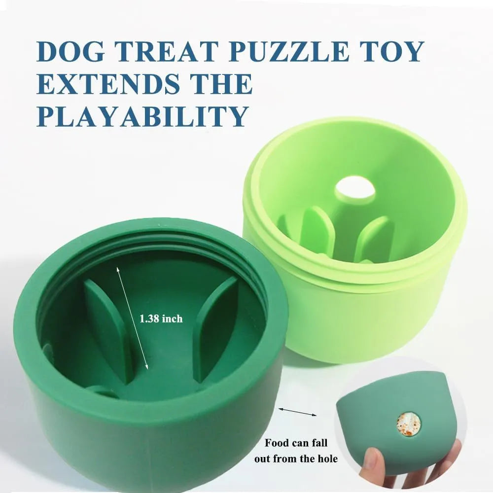 Food grade silicone dog treat puzzle ball in assorted two-tone colours, 8cm diameter.