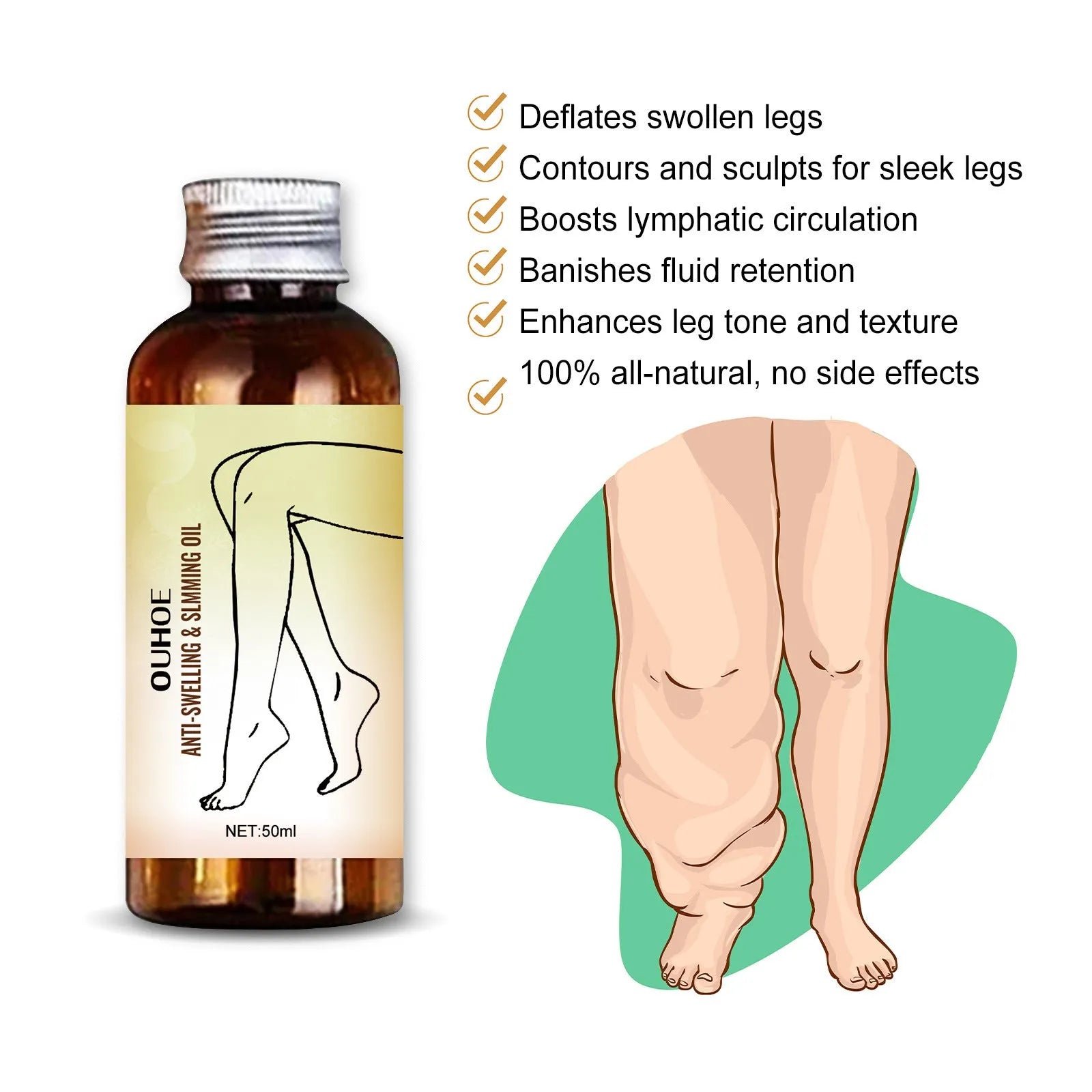 50ml bottle of moisturising body oil with botanical extracts for skin care and leg massage