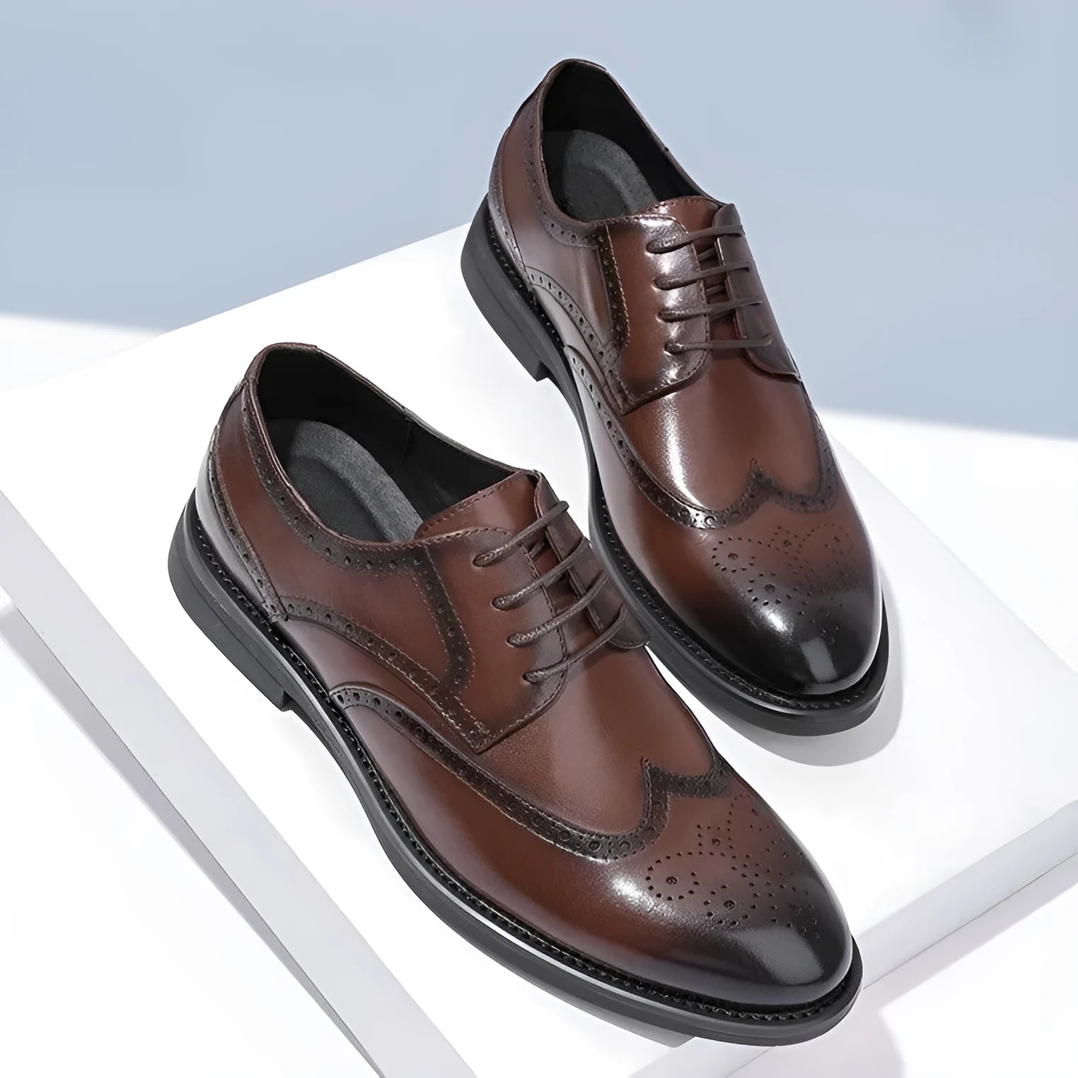 Men's black and brown brogue business shoes with traditional detailing and PU leather upper