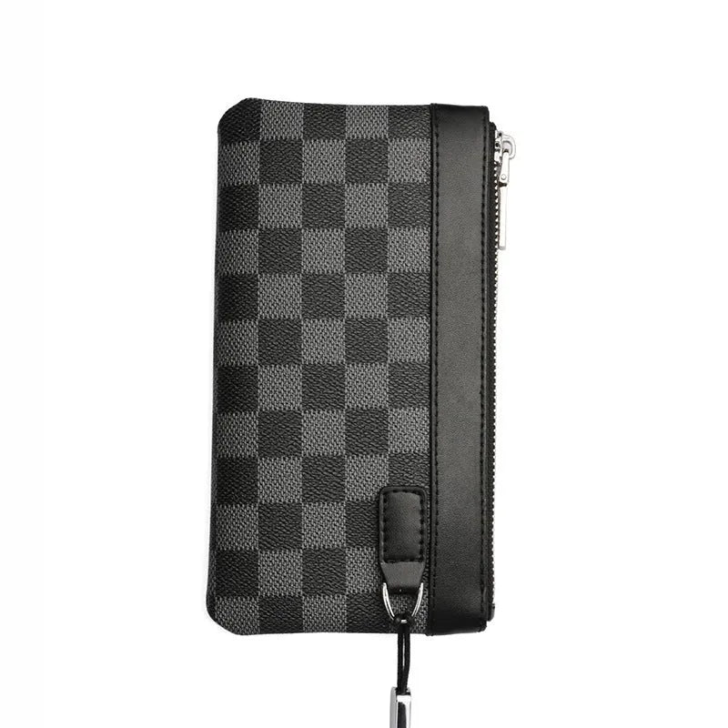 Men's black leather clutch wallet with 20x10cm dimensions and cowhide construction