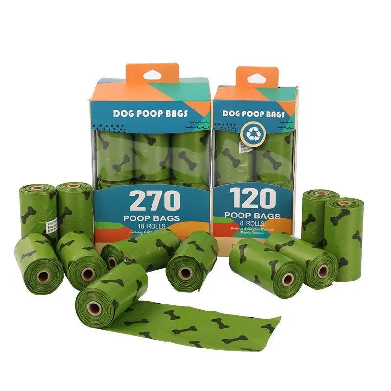 Degradable dog waste bags in army green with black bone printing, showing roll and individual bag