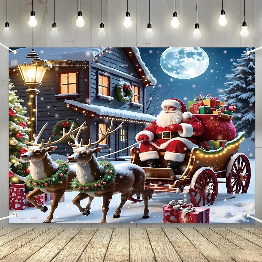 Christmas banner with Santa Claus and night gift design on white background, 210x150cm polyester fabric.