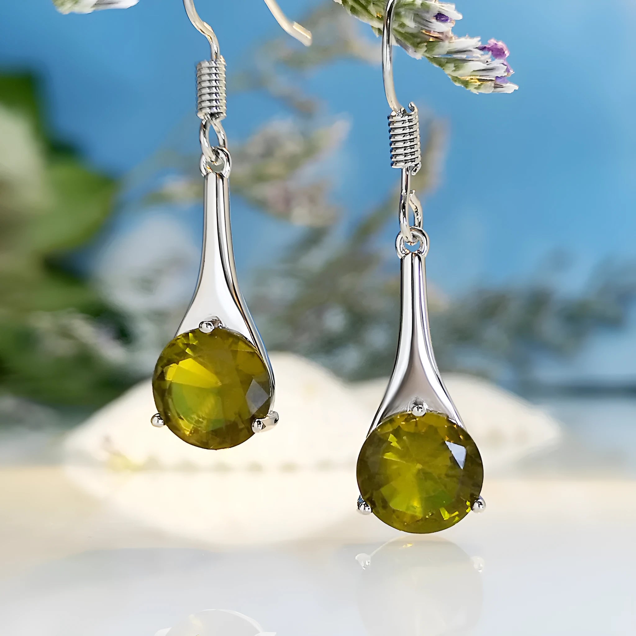 Olive green topaz drop earrings with water drop shape and retro style