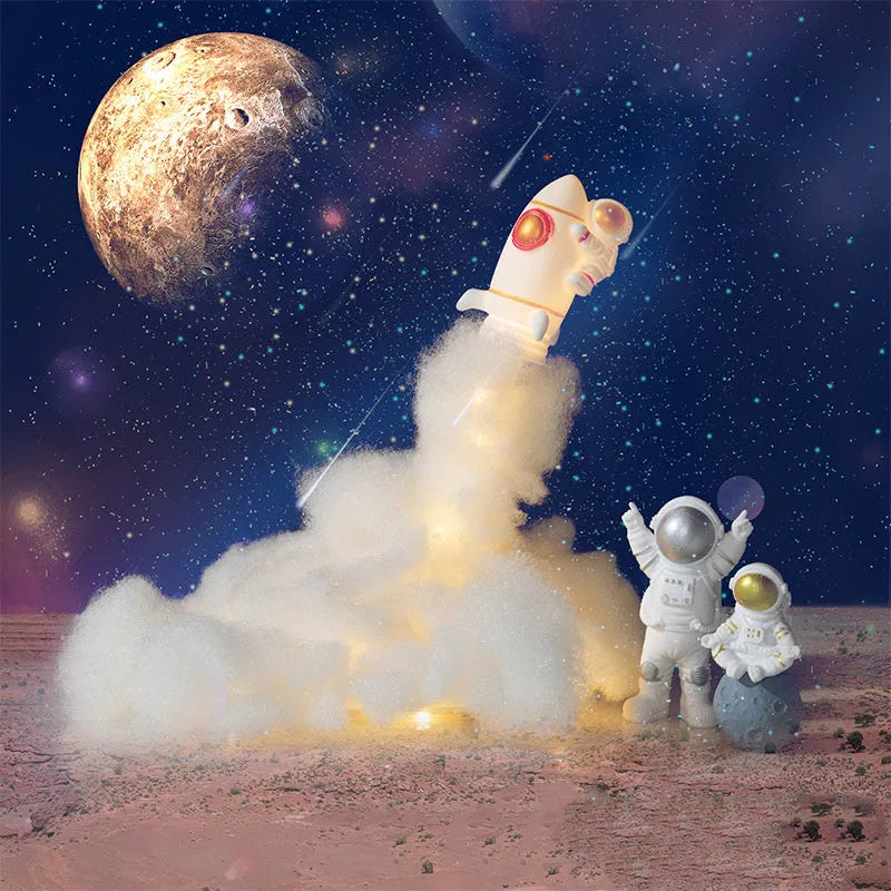 DIY astronaut rocket night light kit components including rocket model, chassis, straws, and LED string lights