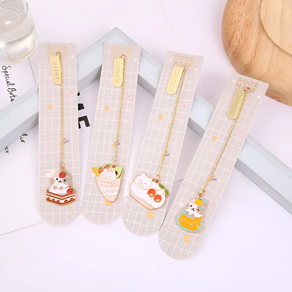 Jane Key Foodie Cute Pet Cat metal pendant bookmark with laminated card, four design options shown.