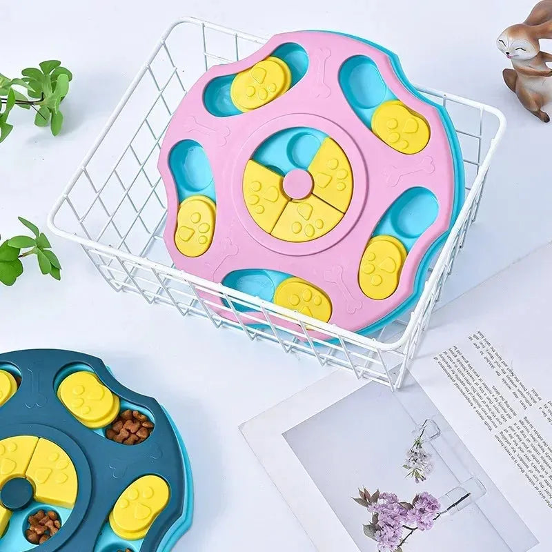Blue durable dog puzzle feeder toy for aggressive chewers, shown as a 2-in-1 interactive food box and game.