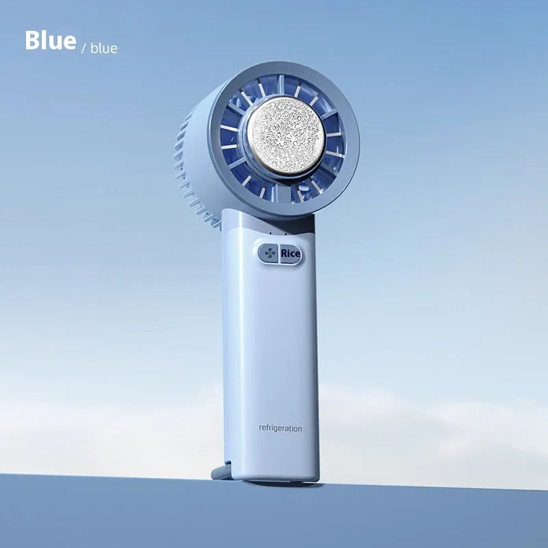 Mini handheld turbo jet fan in white with brushless motor, 3600mAh battery, and ice-cool function