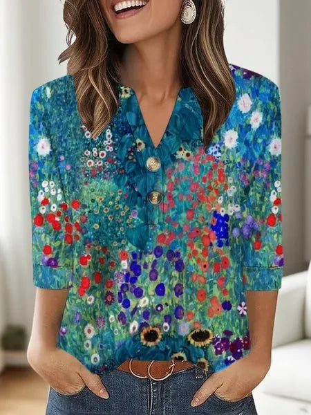 Women's printed V-neck casual top with 3D pattern in loose Japanese Korean style