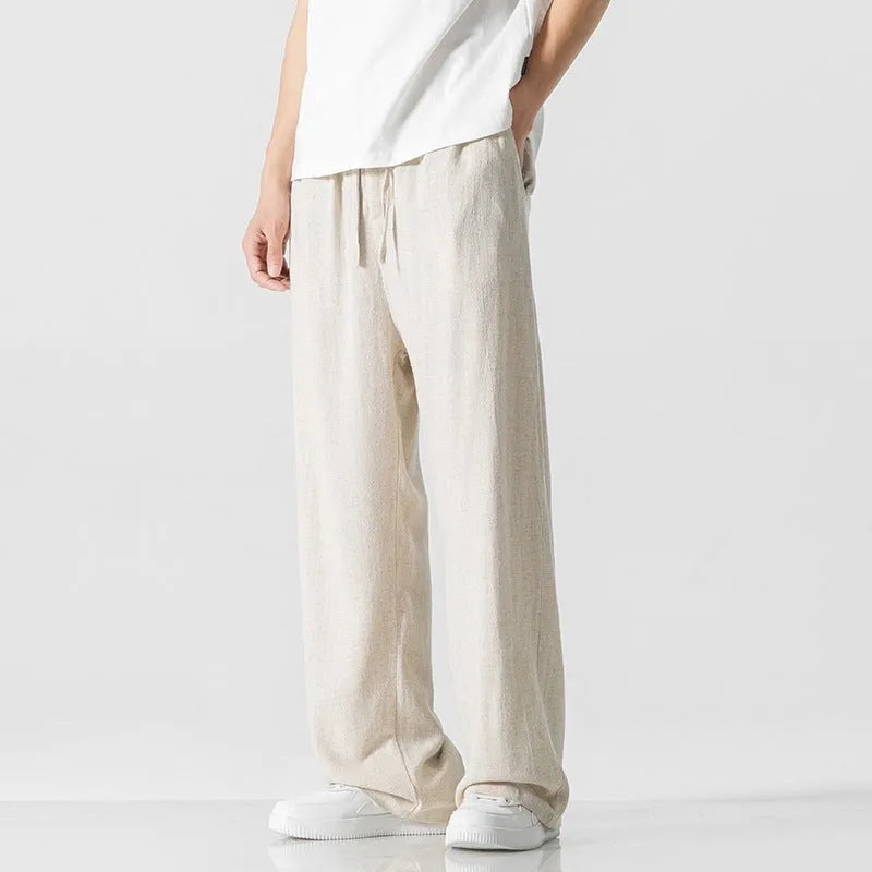 Men's straight-leg linen trousers in bamboo fabric with cropped length and drawstring waist