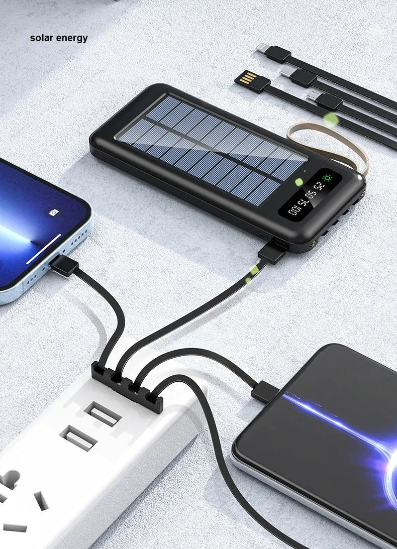 Solar power bank in black or white with capacity options of 20000mAh and 30000mAh