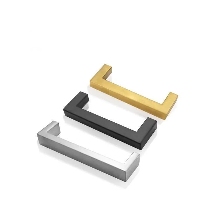 Stainless steel square pipe cabinet handle in brushed silver, black, or gold finish