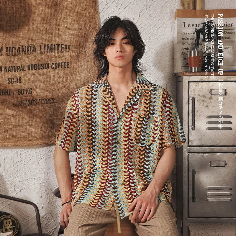 Japanese style Cuban collar short sleeve shirt in grey polyester jacquard fabric with slim fit plus size construction