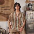 Japanese style Cuban collar short sleeve shirt in grey polyester jacquard fabric with slim fit plus size construction
