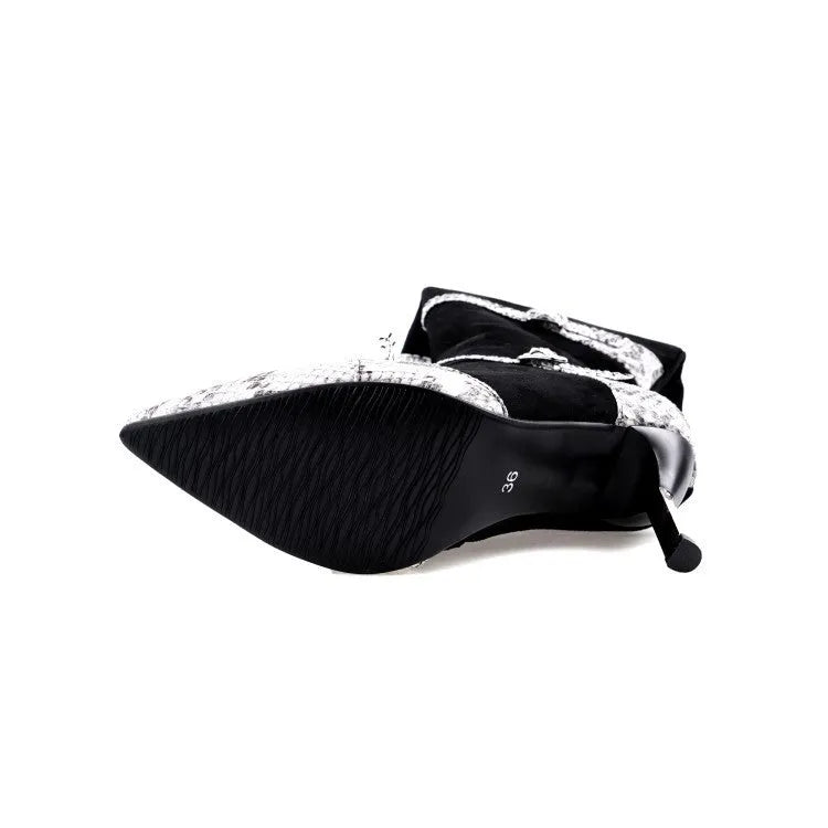 Grey and black women's knee-high stiletto heel boots with a velvet lining.