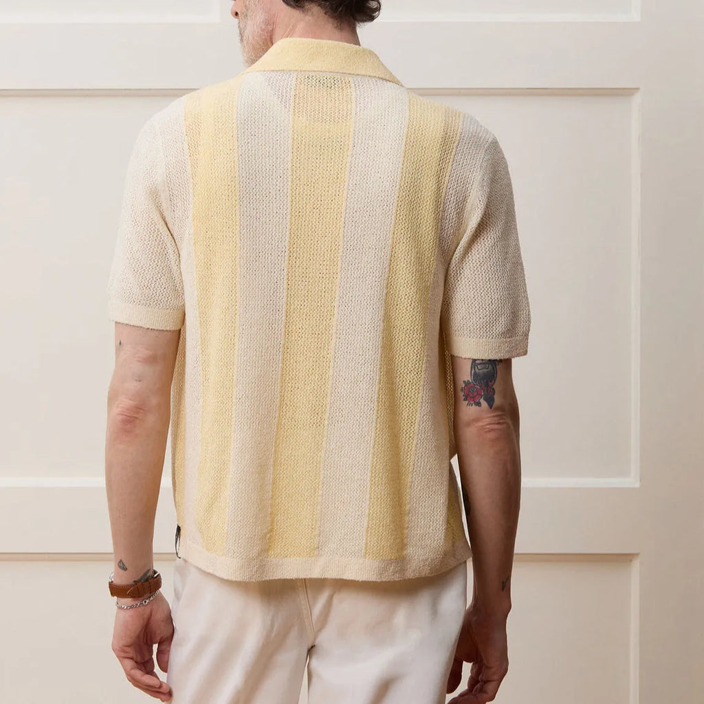 Yellow hollow-out short-sleeved Tencel casual polo shirt with asymmetric design, regular fit