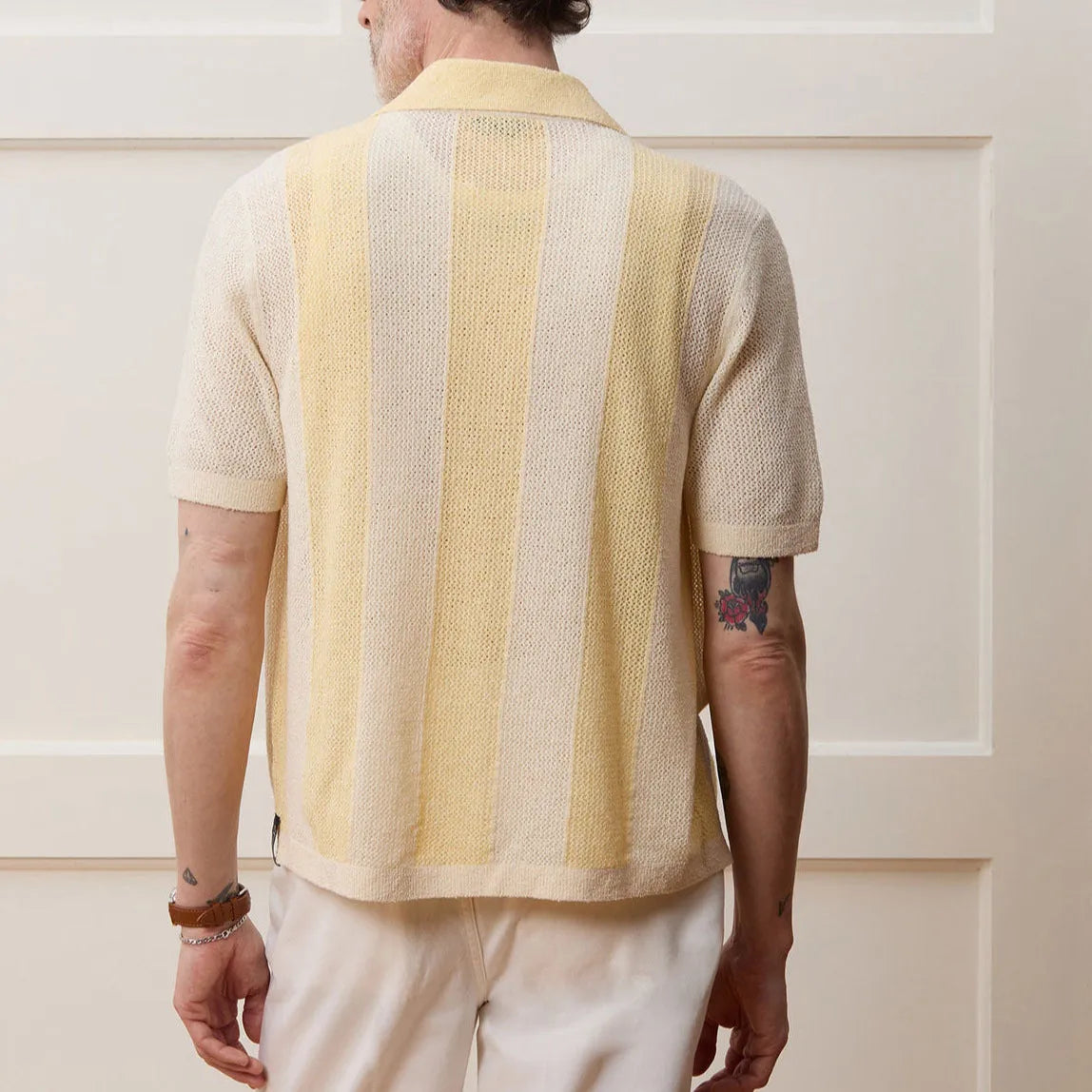 Yellow hollow-out short-sleeved Tencel casual polo shirt with asymmetric design, regular fit