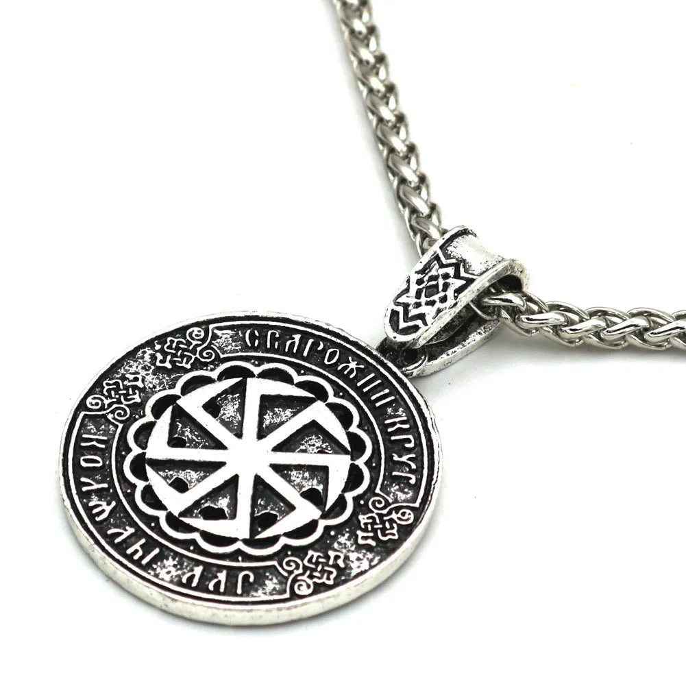 Lunavin ODing alloy pendant necklace on a snake bones chain with antique silver finish beside a leather rope option.