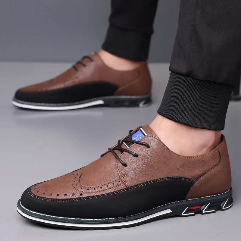Men's casual leather slip-on shoes showing leather toe cap and sewing line detailing