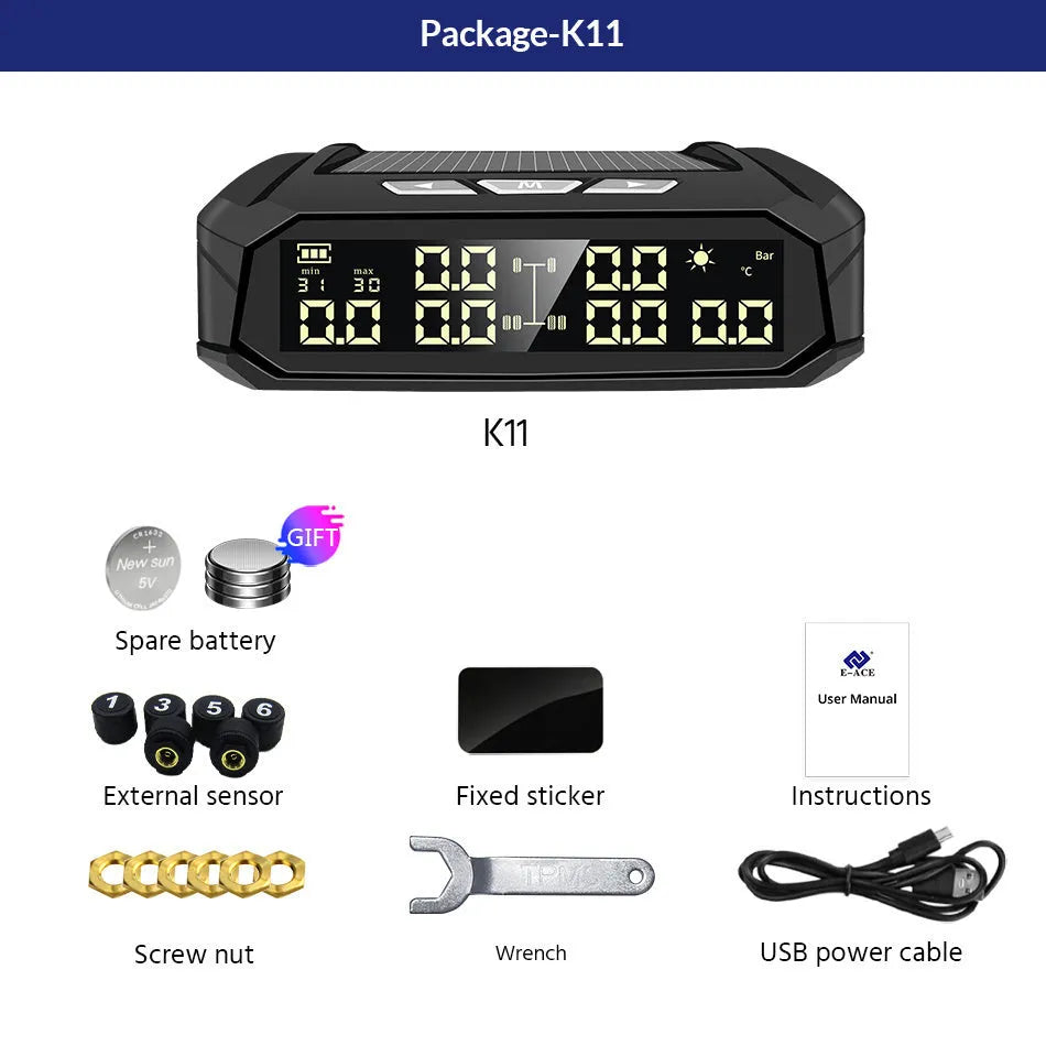 Solar external tyre pressure monitor system with colour digital display and six sensors for RVs and trucks