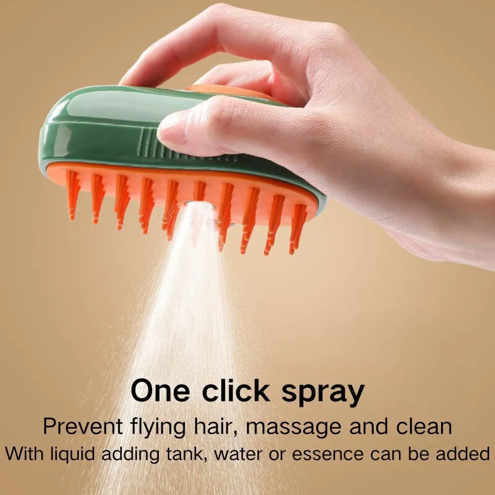 Green and white rechargeable cat steam brush with silicone bristles and water spray nozzle.