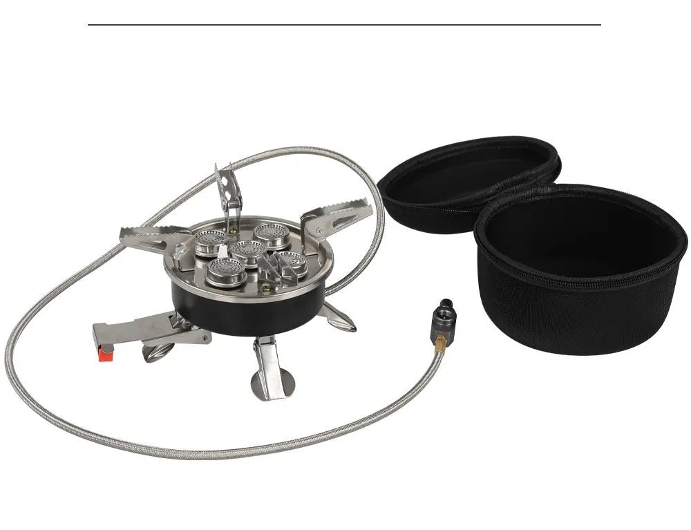 Silver portable split camping stove made of stainless steel and copper, shown in folded position.