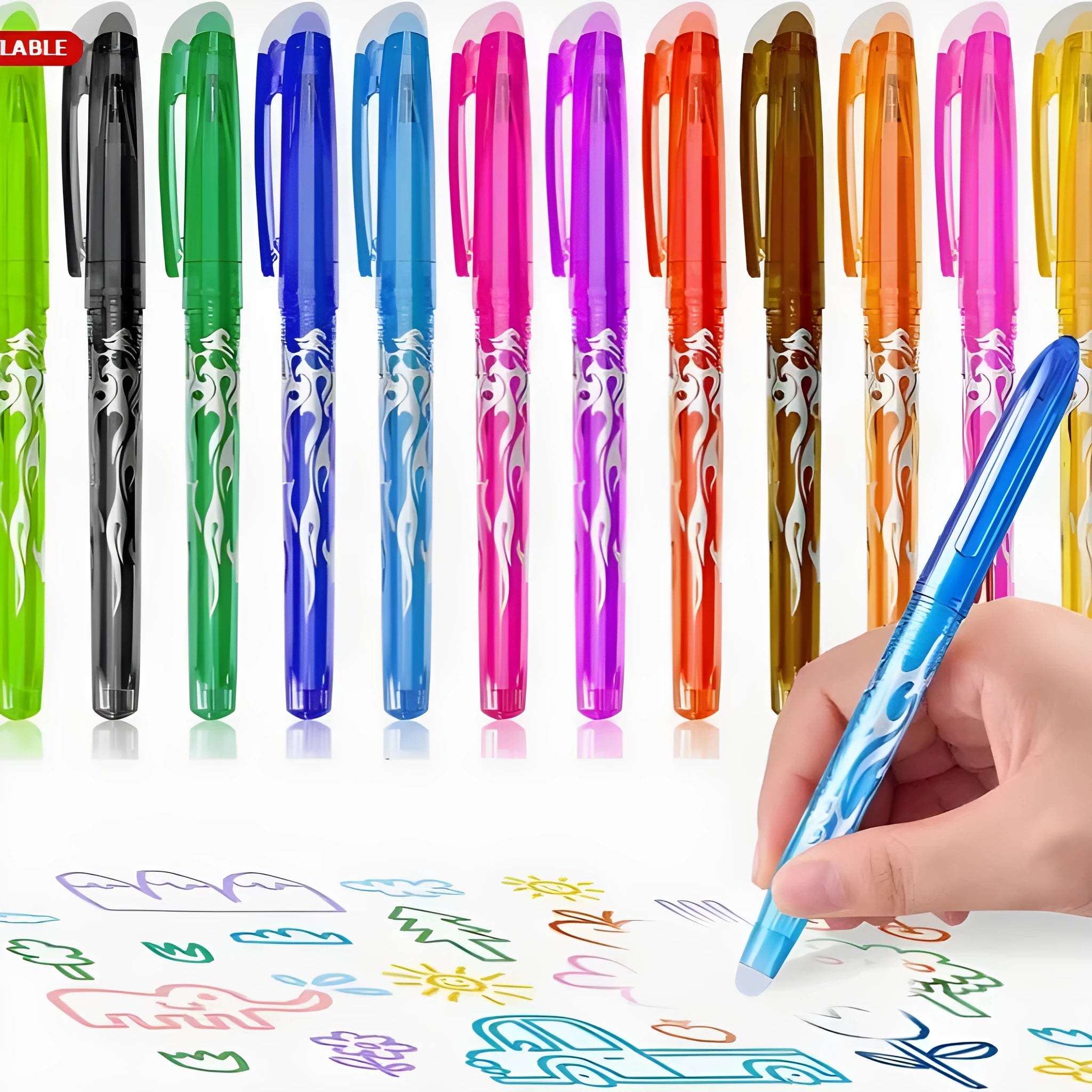 A set of heat-erasable gel pens with plastic shells and stainless steel nibs, showing the 0.5mm and 0.7mm options.